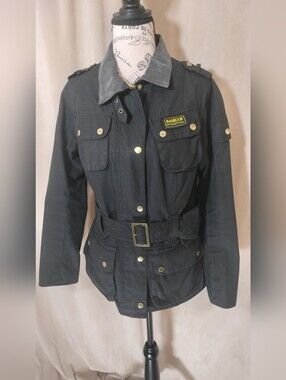 Barbour International Black Waxed Cotton Jacket w/Belted Waist. Size 6